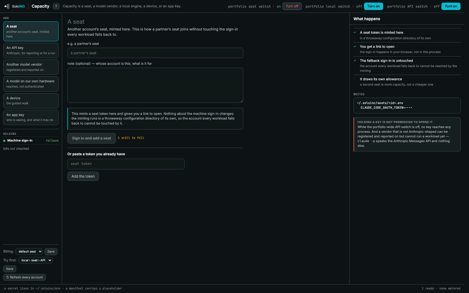 Capacity: Add a seat, API key, model vendor, local model, device or app key, with what each addition writes.