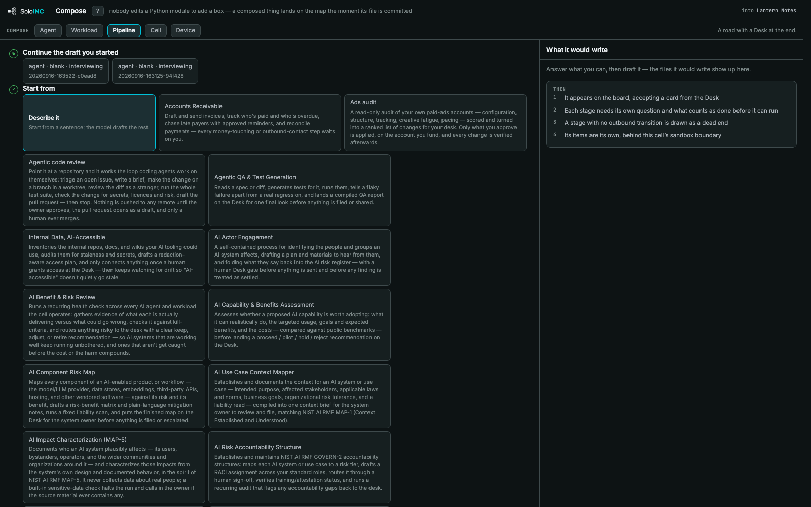 Compose — Pipeline: Compose a pipeline from a sentence or a catalog of ready-made pipelines, each ending at a Desk.