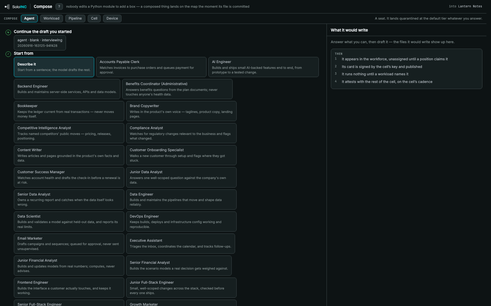 Compose: Compose an agent from a sentence or a catalog role; the right side shows the files it would write.