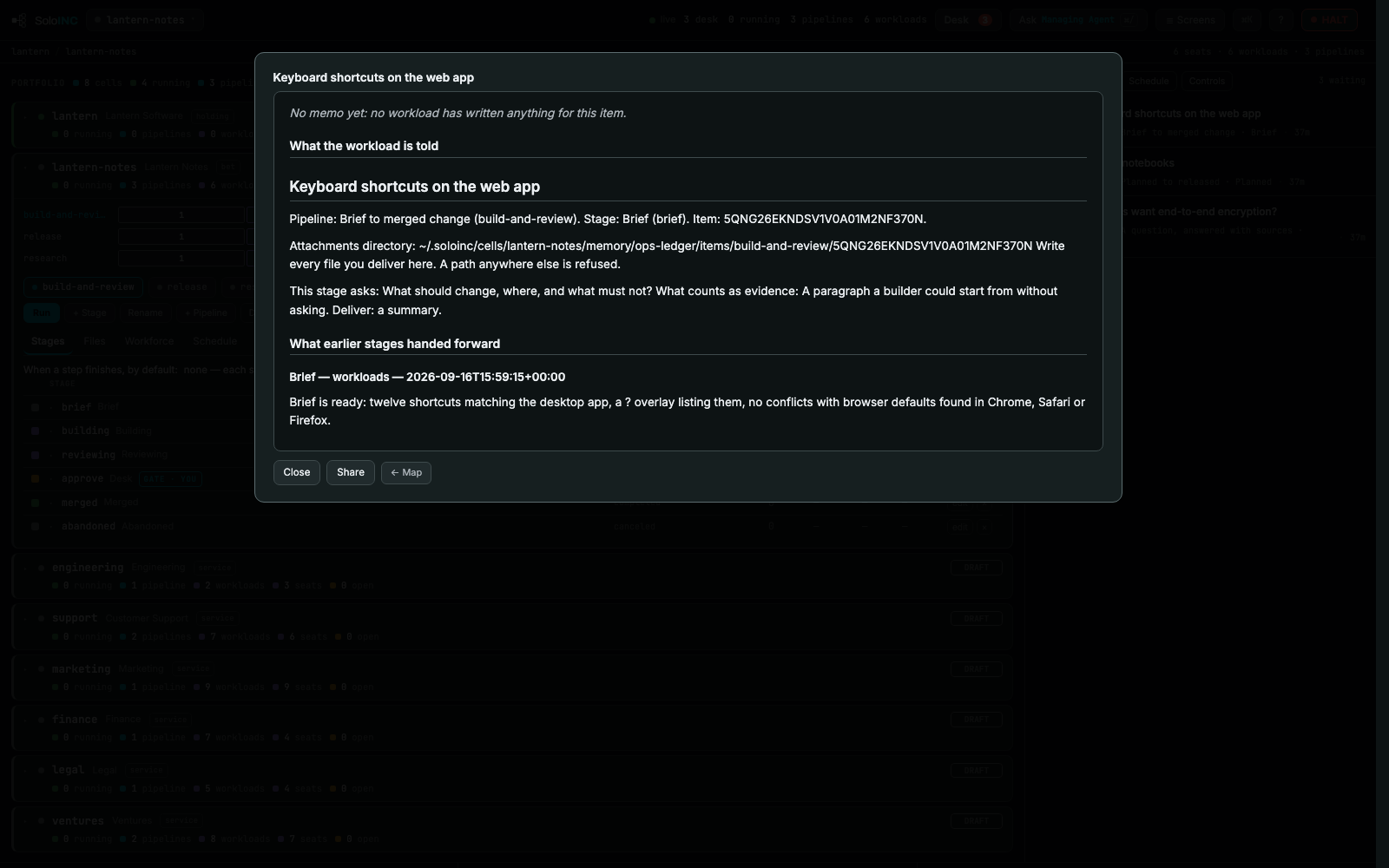 Dossier: Everything every stage handed forward for one item, as one document you can share.