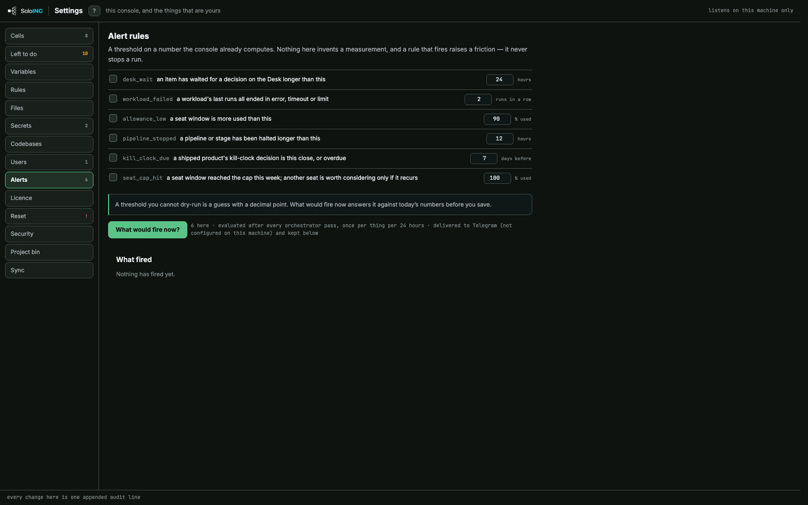 Alerts: Threshold rules on numbers the console already computes, with a dry run of what would fire now.