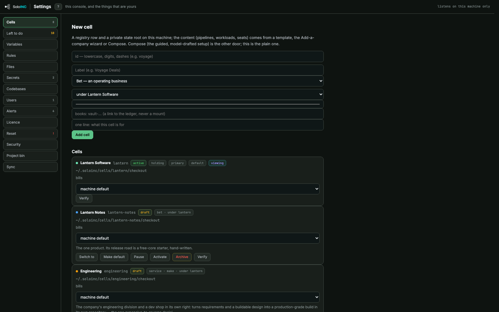 Cells: Add a cell and manage every existing one: its kind, parent, billing seat and status.