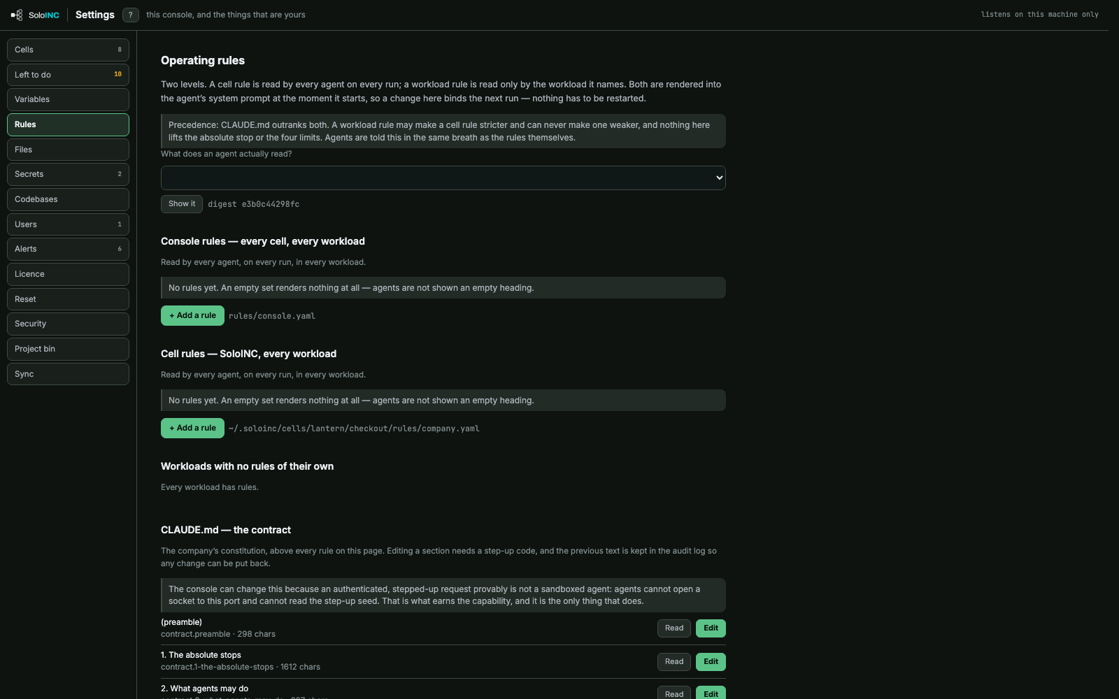 Rules: Console and cell rules rendered into every agent's prompt, and the contract's sections.