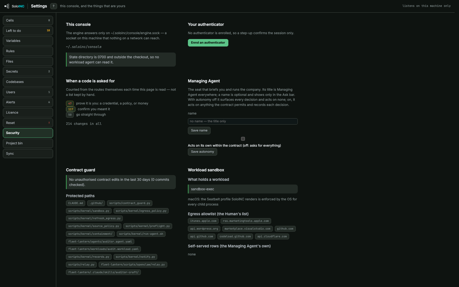 Security: Where the engine listens, the authenticator, step-up counts, the contract guard, sandbox and egress allowlist.
