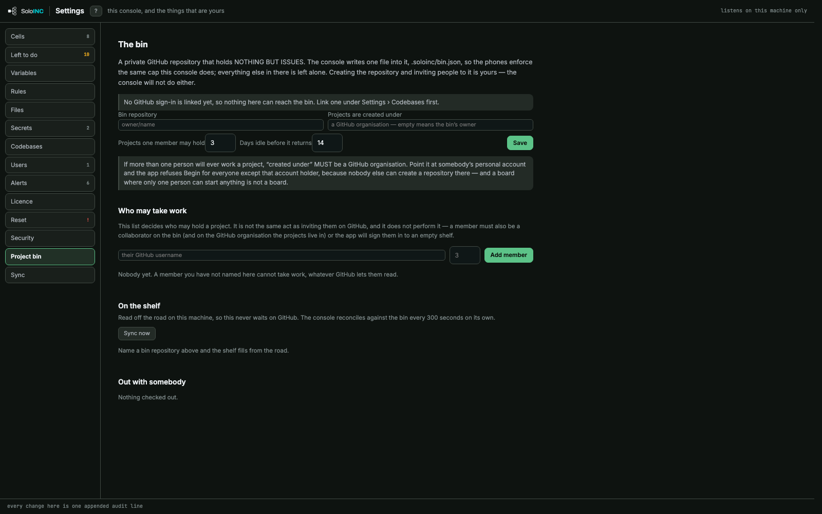 Project bin: A private GitHub repository of issues where team members take projects, with who may hold how many.
