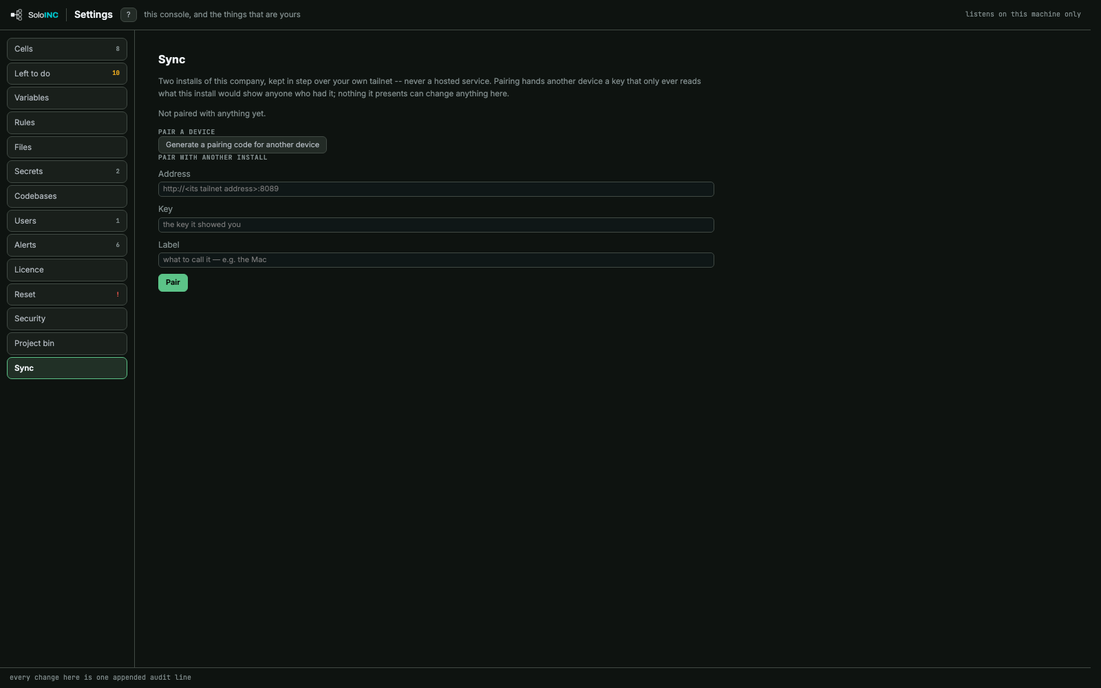 Sync: Pair two installs of the same company over your own tailnet.