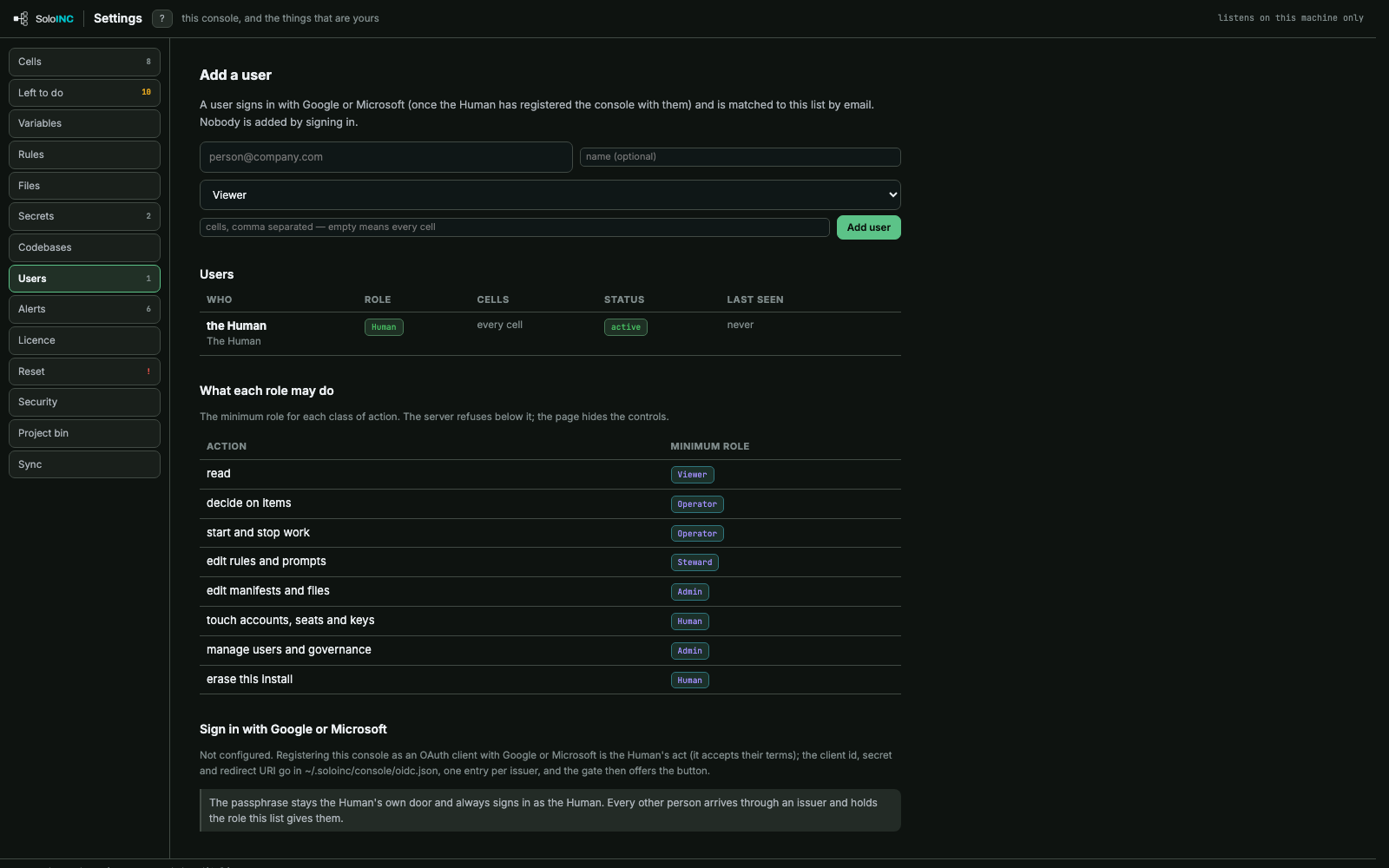 Users: Add users by role and cell, and see the minimum role each class of action needs.